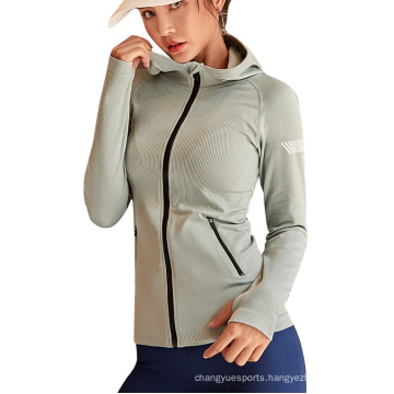 2019 JieJin Women Thick Thermal Seamless Elastic Compression Slimming Yoga Jacket with Hoodie